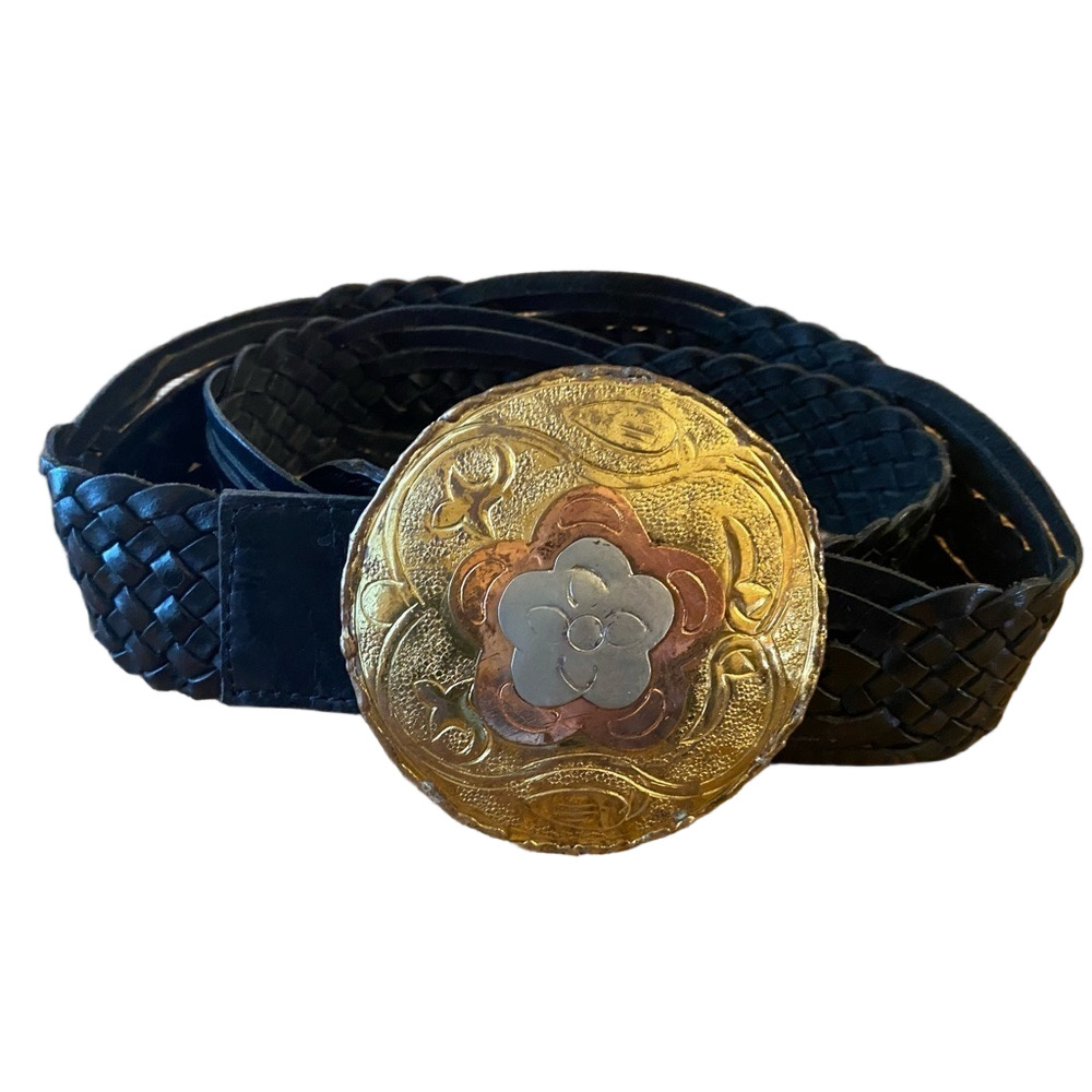 Bohemian style Black Lattice Gold toned Buckle Leather Belt Made in India SZ S/M
